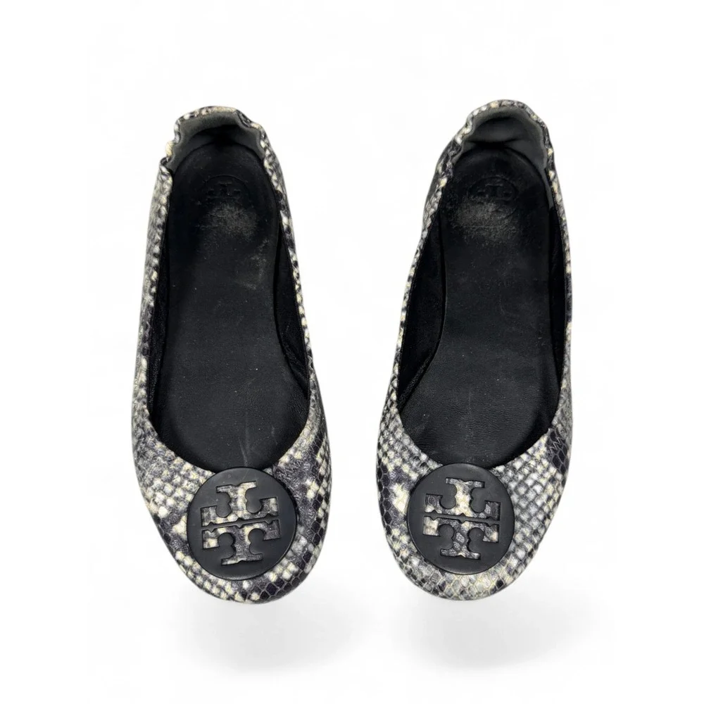 Tory Burch Reva Snakeskin Embossed Leather Ballet Flats Grey Black Logo Flat